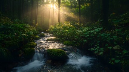 Sunbeams stream through the trees, illuminating a clear mountain stream flowing through a lush green forest.