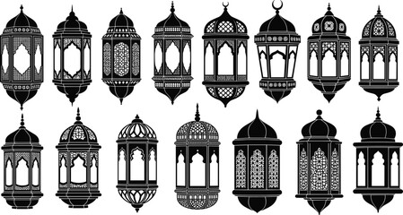 Islamic lantern set, ornate Arabic lamps, decorative Ramadan and Eid lantern silhouettes, Middle Eastern vintage lantern illustration collection for festive designs © Farzana