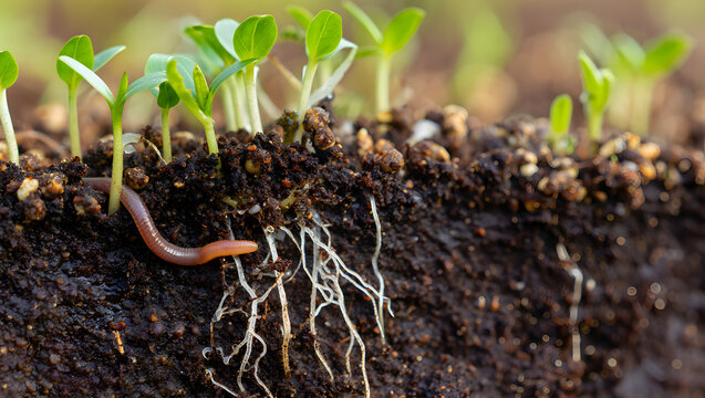 Regenerative agriculture close-up Healthy soil with earthworm roots cover crops macro detail life