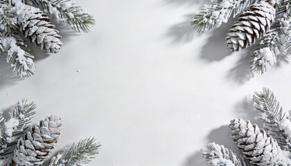 Winter theme flat lay background with pinecones frosty snow tree branches for text overlay