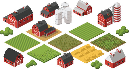 Isometric farm buildings and fields, agricultural barns, silos, crop plots, farmland illustration set for rural landscape design, farming projects, and eco concepts © Farzana