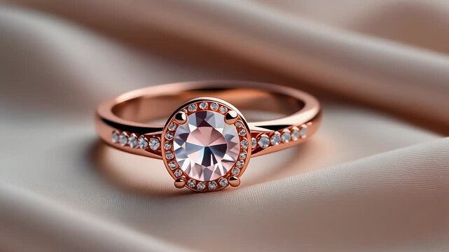 A close-up shot of a rose gold ring with a large diamond and smaller diamonds on the band, placed on a soft, beige satin fabric background.