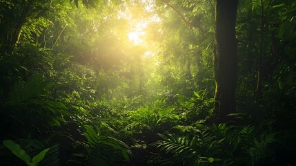 Obraz premium Sunlight streams through the dense foliage of a lush tropical jungle, creating a mystical and ethereal atmosphere.