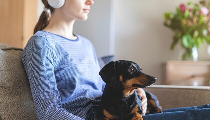 Person Listening to Meditation App with Dog on Lap. Morning Wellness Routine with Pets. A person wearing over-ear headphones seated on a sofa listening to device with a dog resting on their lap.
