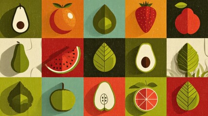 Vibrant Fruit and Foliage Still Life: A Colorful Mosaic of Nature's Bounty in Square Composition