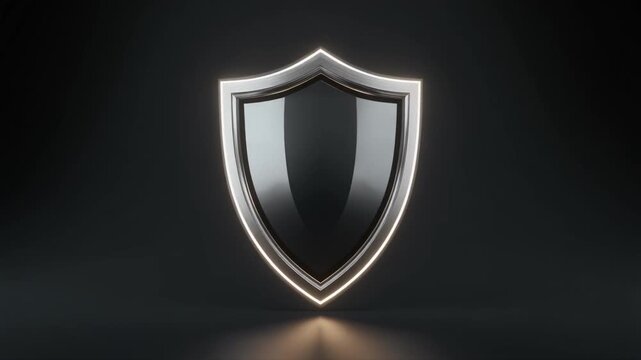 A sleek, glossy metallic shield with a silver border on a dark background.