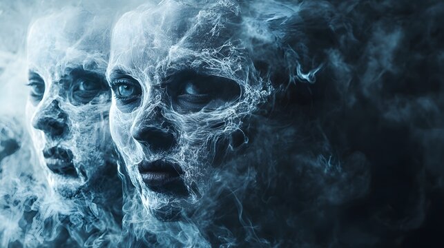 Three ghostly faces emerge from a swirling cloud of smoke, their eyes wide with fear.