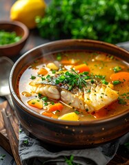 Warm fish soup with carrots, potatoes, and herbs served in a rustic brown bowl on a wooden board