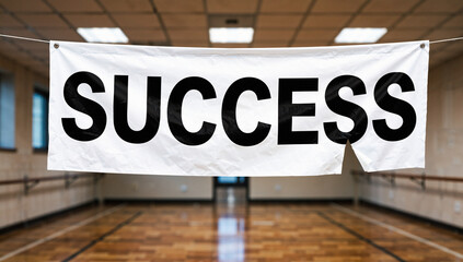 White Banner with Bold Black "Success" Text in Gym