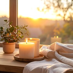 Warm glow of lit candles sits on a wooden sill, with greenery and sunset views