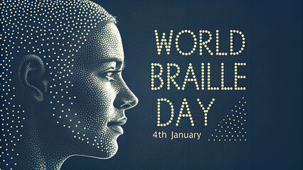 A profound conceptual image for "World Braille Day" displays a woman's profile formed by white dots against a dark background.
