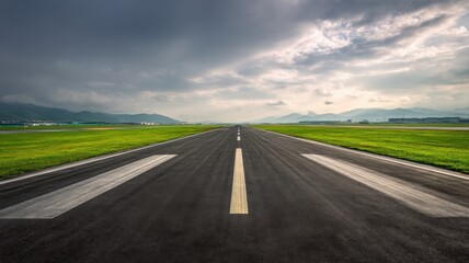 Fototapeta premium Airport Runway Perspective with Overcast Sky: A Journey Concept for Travel and Business
