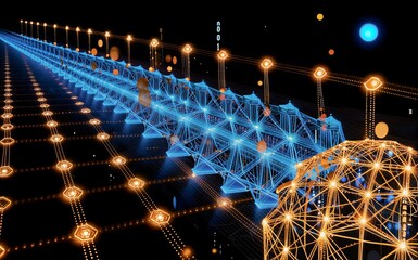 Futuristic network of glowing nodes connected by radiant blue and orange data streams.