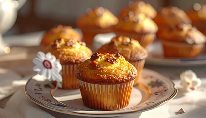 Warm, golden muffins with chocolate chips displayed on a decorative plate in gentle sunlight