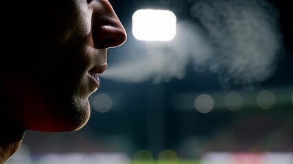 Man exhaling steam or fog in a sports stadium