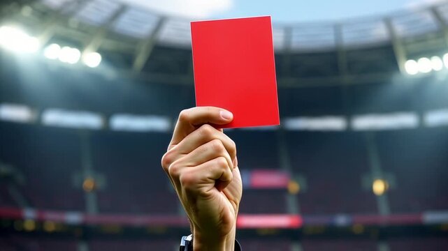 Referee hand holding red card in soccer stadium