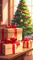 Warm interior with festive gifts, a decorated Christmas tree, and sunlight streaming in through a window