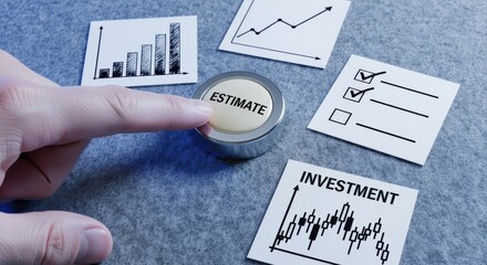 Generating Financial Estimate with Button Press, Surrounded by Investment Growth Charts and Planning Checklist, representing Financial Concept