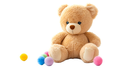 Cute teddy bear sitting with colorful pom poms
