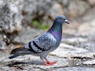 Obraz premium 石畳の上に佇むハトを間近で捉えた都市環境に生きる野鳥の自然な姿を写した写真