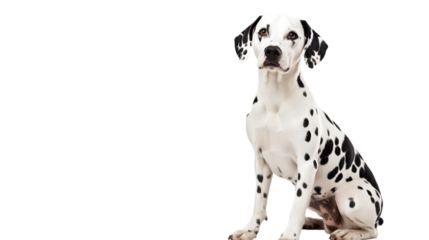Elegant dalmatian dog sitting attentively against a stark black backdrop