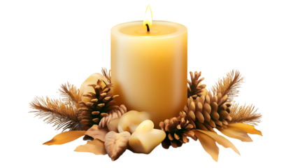 Lit candle surrounded by pinecones and leaves scene