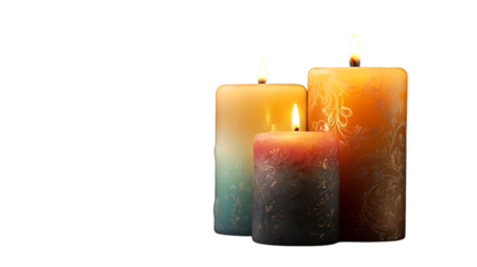 Three decorative candles glowing against a creating warmth