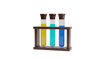 Three Test Tubes with Colored Liquids in a Wooden Rack