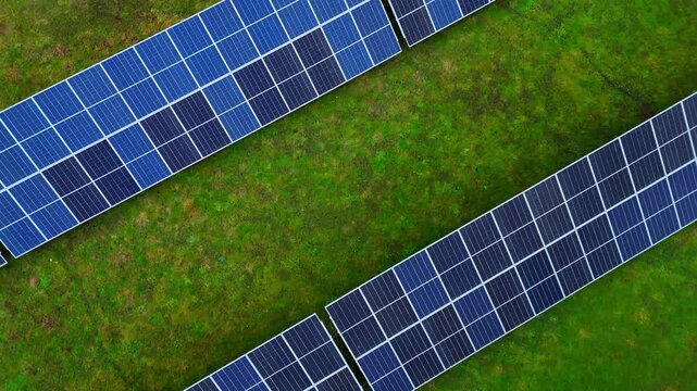 Top-down drone shot of long blue solar panel rows over vivid green grass at a modern renewable energy farm.