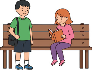Flat vector illustration of a young schoolboy with a shoulder bag standing next to a girl reading on a bench.