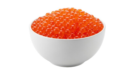 White bowl filled with bright orange salmon roe fish eggs on black background caviar, Isolated On Png Transparent Background
