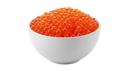White bowl filled with bright orange salmon roe fish eggs on black background caviar, Isolated On Png Transparent Background