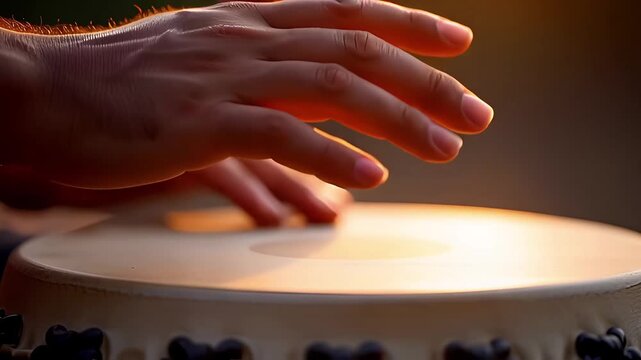 Hands playing a drum with warm lighting effect