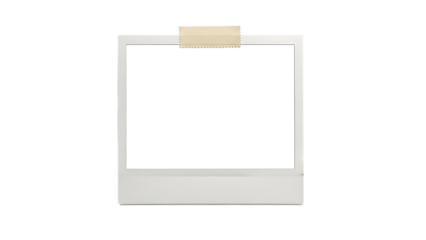 A single white instant photo frame with a tan tape holding it up on the top edge isolated on transparent background transparent background