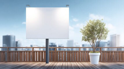 Billboard Mockup on City Rooftop Terrace with Tree: Ideal for Advertising and Promotional Campaigns