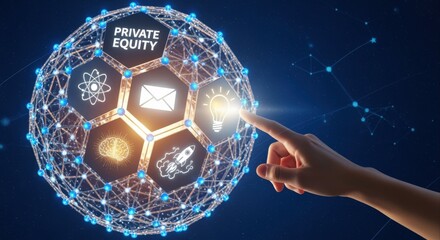 Private Equity Investment Strategy Concept with Hand Touching Digital Interface on a Blue Background
