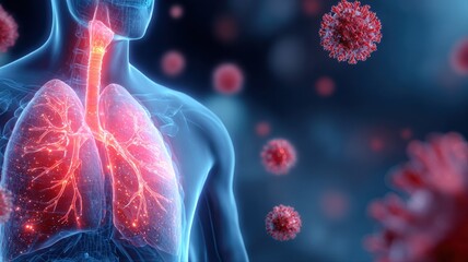 Human Respiratory System Affected by Virus Infection, Medical Visualization of Lungs, Trachea and Pathogens