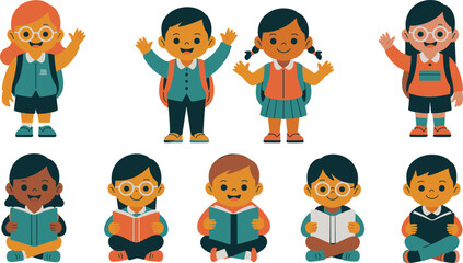 Flat vector illustration set of diverse school children characters waving and reading books isolated on a white background.