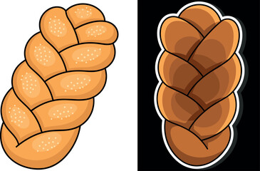Braided challah bread loaf vector illustration with seeds and sticker style isolated on white and black background.