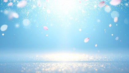 春の訪れを祝う、爽やかなブルーと柔らかな花吹雪の抽象グラデーション