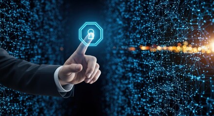 Digital Security Access Authentication Biometric Identification with Hand and Lock Icon, Futuristic Network and Cybersecurity