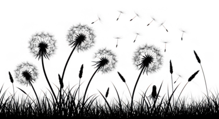 Dandelion flower with seeds blowing in the wind isolated on transparent background