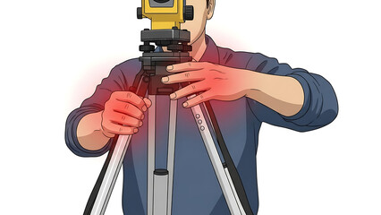 Surveyor adjusting total station on tripod, land measurement equipment illustration