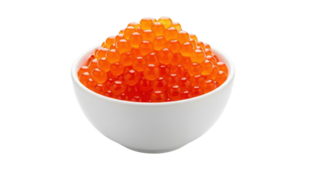 Bright orange salmon roe piled high in a white bowl against a black background caviar fish, Isolated On Png Transparent Background