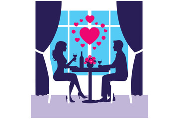couple sitting at a table with wine and flowers on valentines day in a restaurant