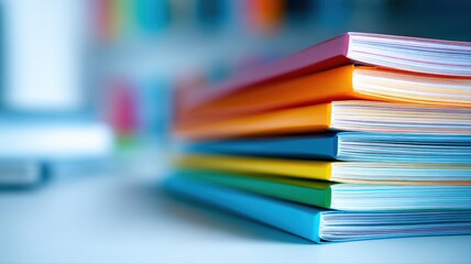 Close-up of colorful stacked documents representing business reports, educational materials, and organized paperwork