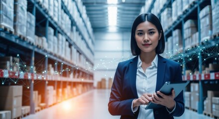Female Manager Inspecting Inventory Using Tablet in Modern Distribution Warehouse with Abstract Data Visualization Overlay