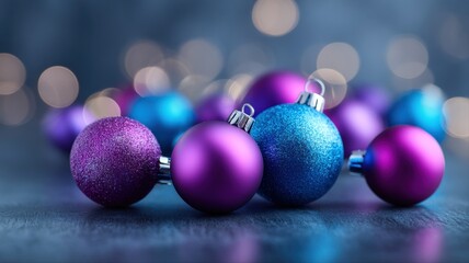 Festive Christmas Ornaments in Blue and Purple Hues, Holiday Decoration, Background Bokeh Lights, Selective Focus