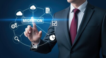 Business Technology Concept: Man Touching Virtual Screen with Migration Icon, Connectivity, Digital Transformation, and Modern Interface