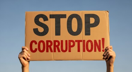 Anti-Corruption Protest Sign Held Against Blue Sky: Transparency, Integrity, and Social Justice Message